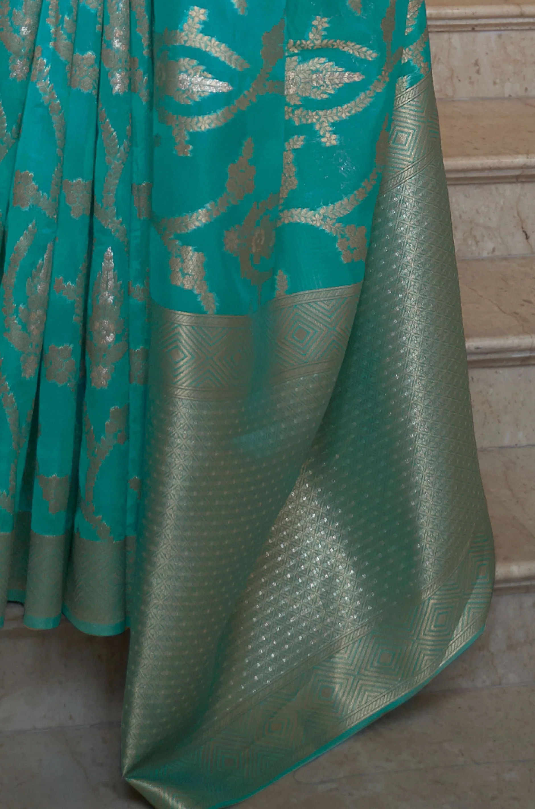 Sea Green Organza Woven Saree - Image 2
