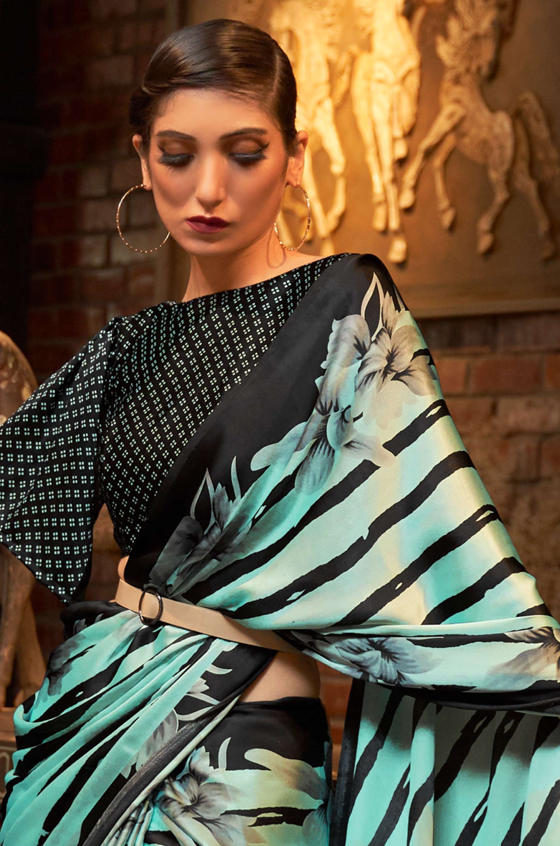 Sea Green Satin Crepe Saree - Image 4