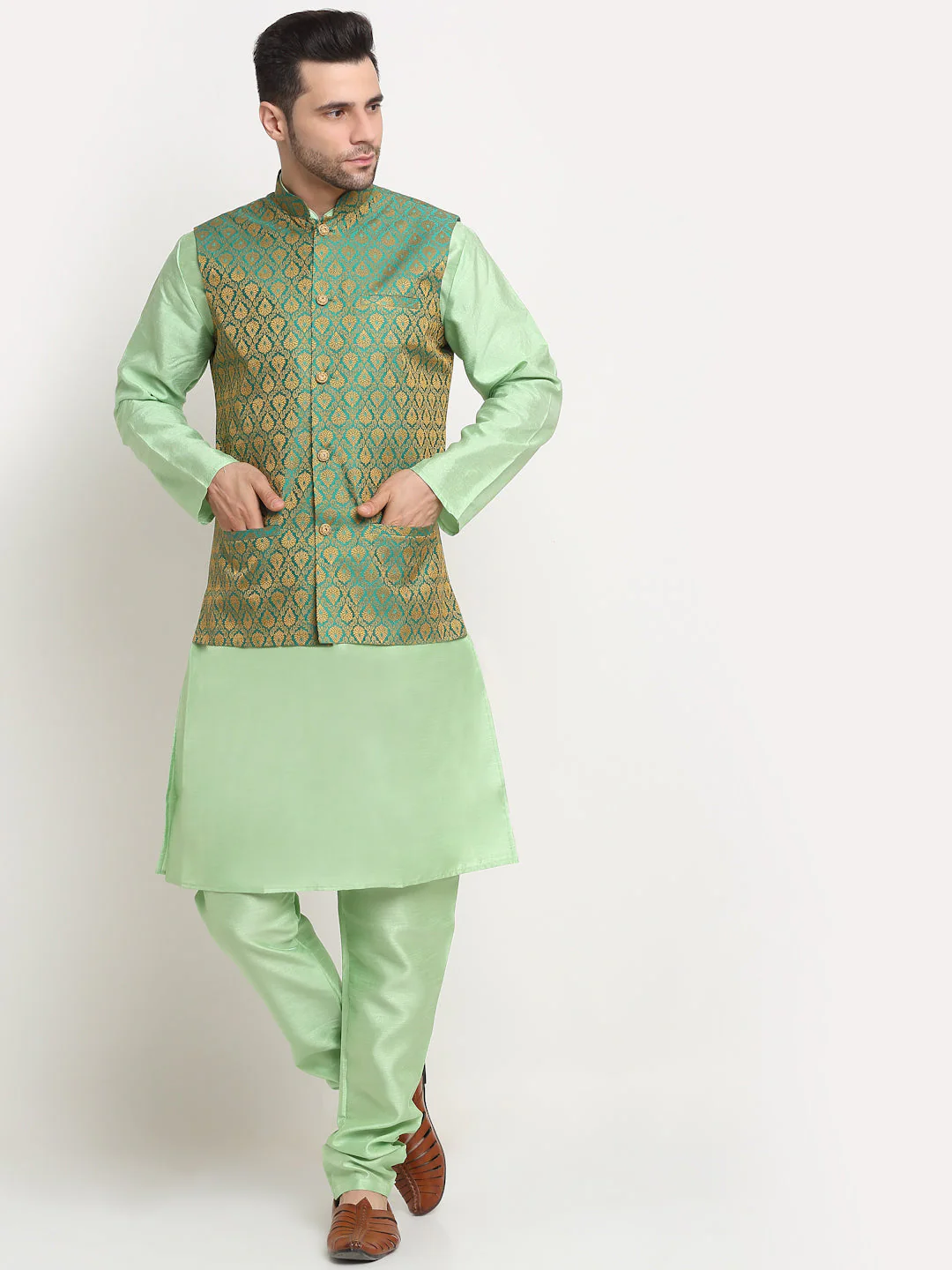 Sea Green Silk Blend Kurta and churidar with Paisley Green Nehru jacket - Image 49