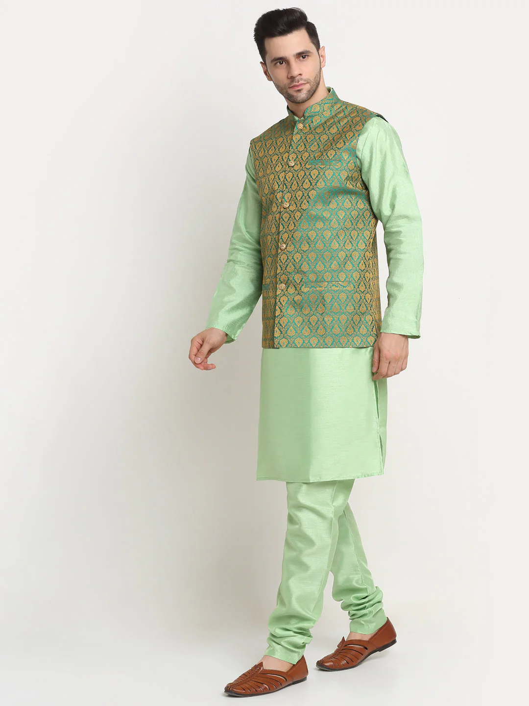 Sea Green Silk Blend Kurta and churidar with Paisley Green Nehru jacket - Image 5