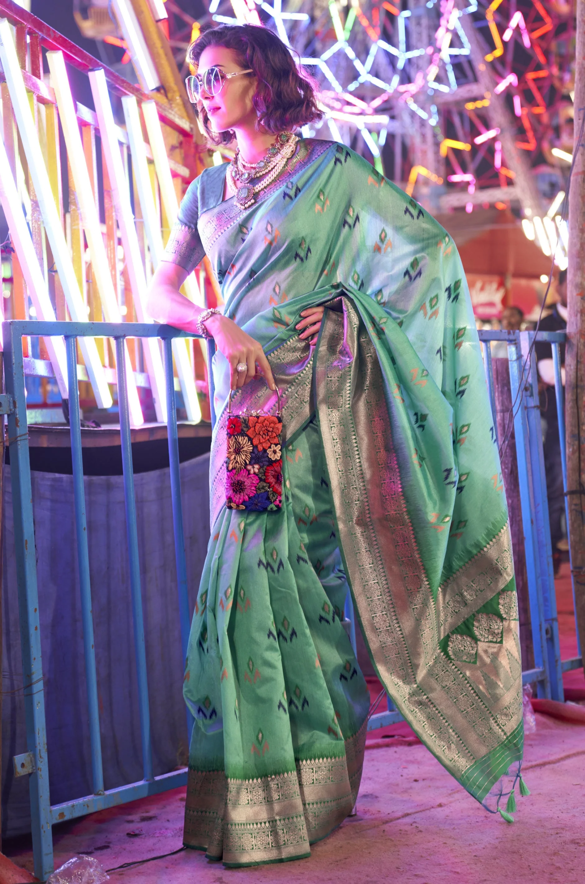Sea Green Woven Silk Saree