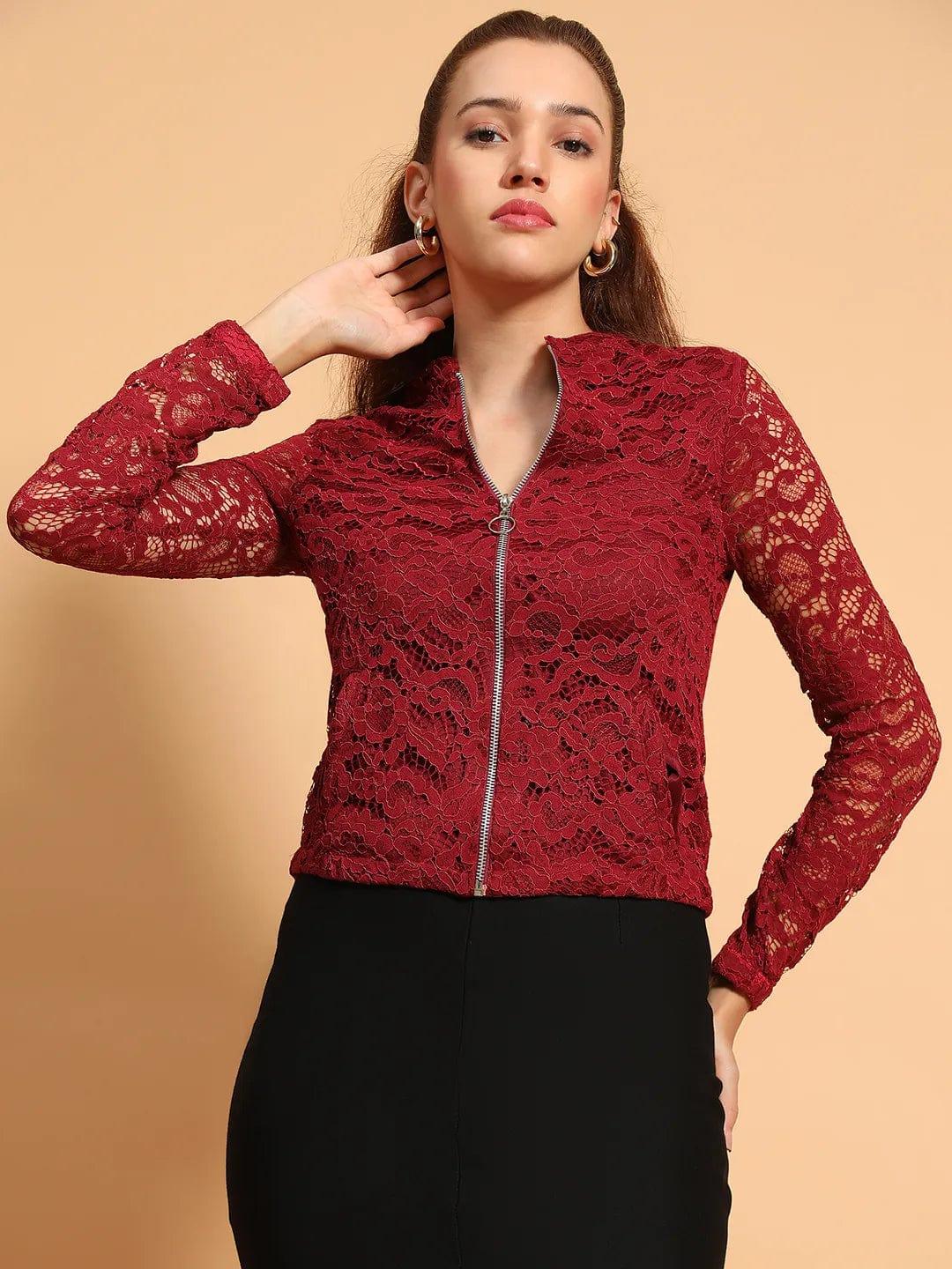 Sensation Maroon Lurex Print Long Sleeve Round Neck Zip Lined Women Winter Wear Jacket