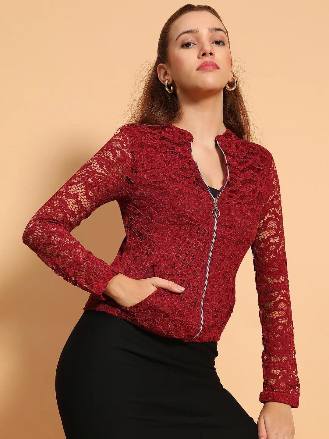 Sensation Maroon Lurex Print Long Sleeve Round Neck Zip Lined Women Winter Wear Jacket - Image 4