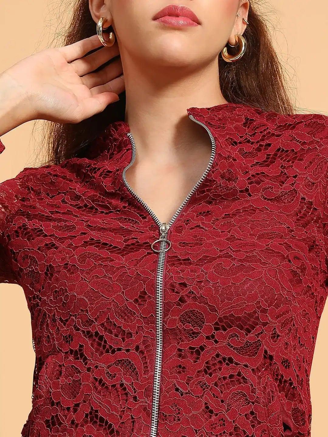Sensation Maroon Lurex Print Long Sleeve Round Neck Zip Lined Women Winter Wear Jacket - Image 6
