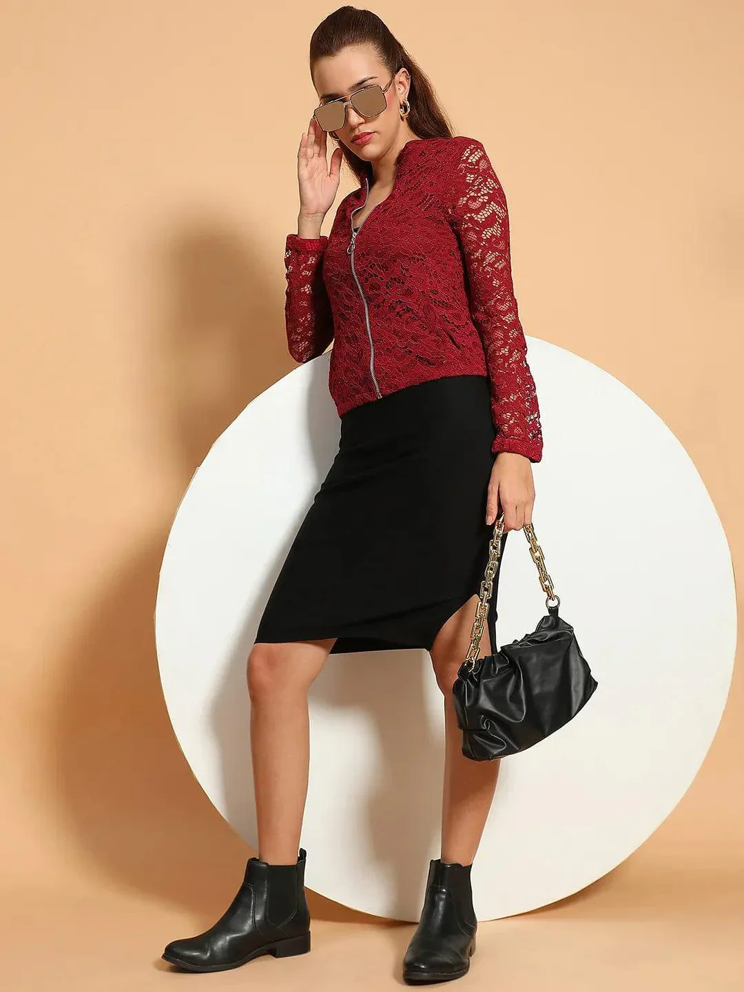 Sensation Maroon Lurex Print Long Sleeve Round Neck Zip Lined Women Winter Wear Jacket - Image 7