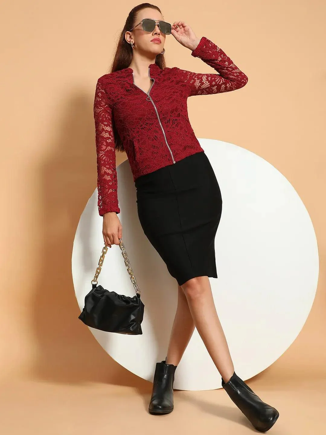 Sensation Maroon Lurex Print Long Sleeve Round Neck Zip Lined Women Winter Wear Jacket - Image 8