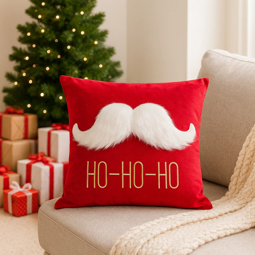 Set of 2 Christmas Cushion Covers – 45 x 45 cm – Cotton Linen (Cotton “Lenin”) – Red with Faux-Fur - Image 2