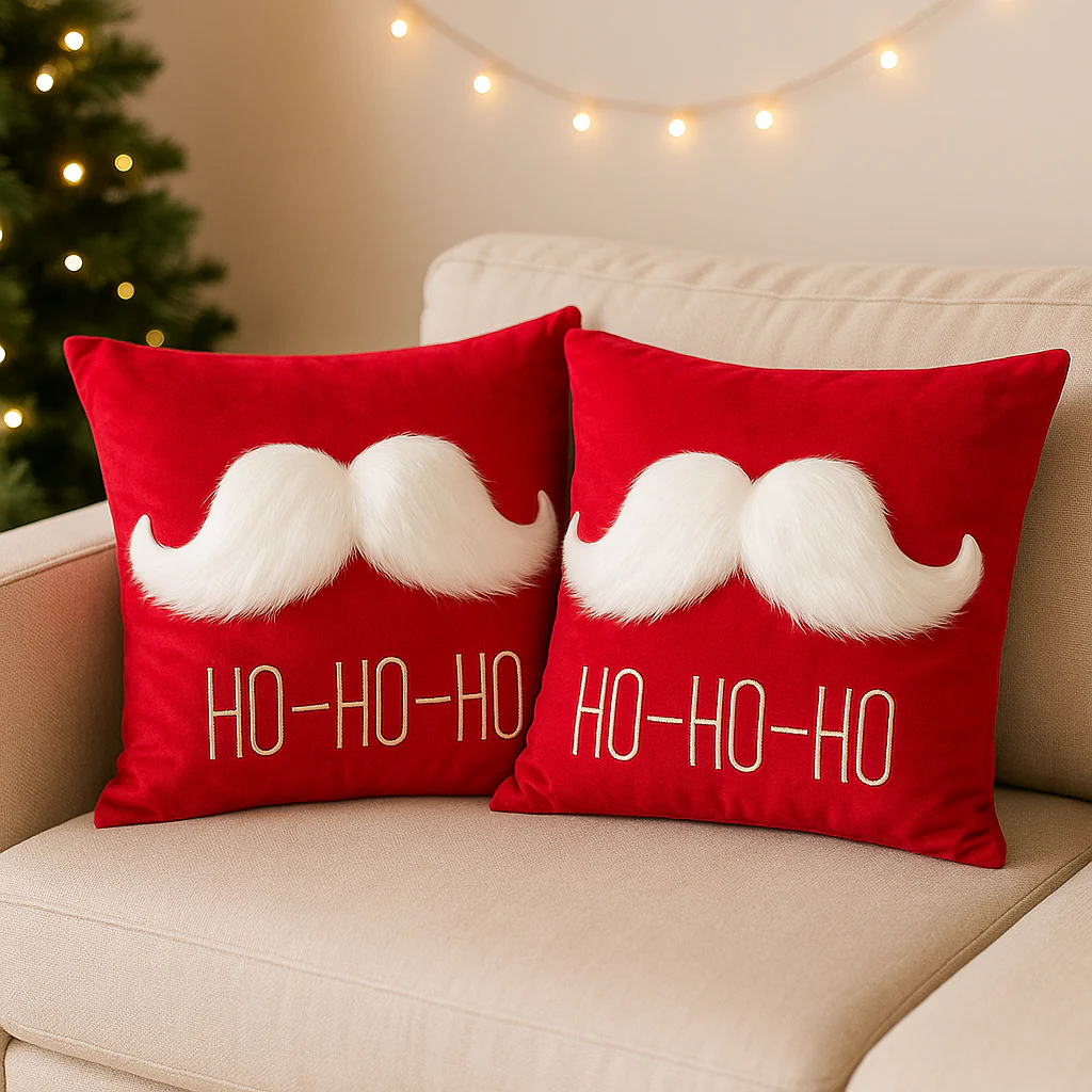 Set of 2 Christmas Cushion Covers – 45 x 45 cm – Cotton Linen (Cotton “Lenin”) – Red with Faux-Fur - Image 3