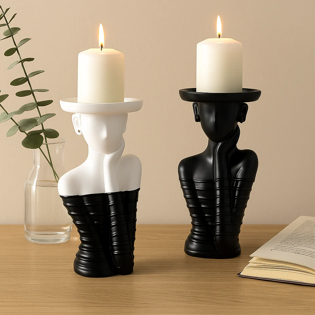 set of 2 Modern Abstract Bust Candle Holder Set – Black & White Sculptural Design, - Image 2