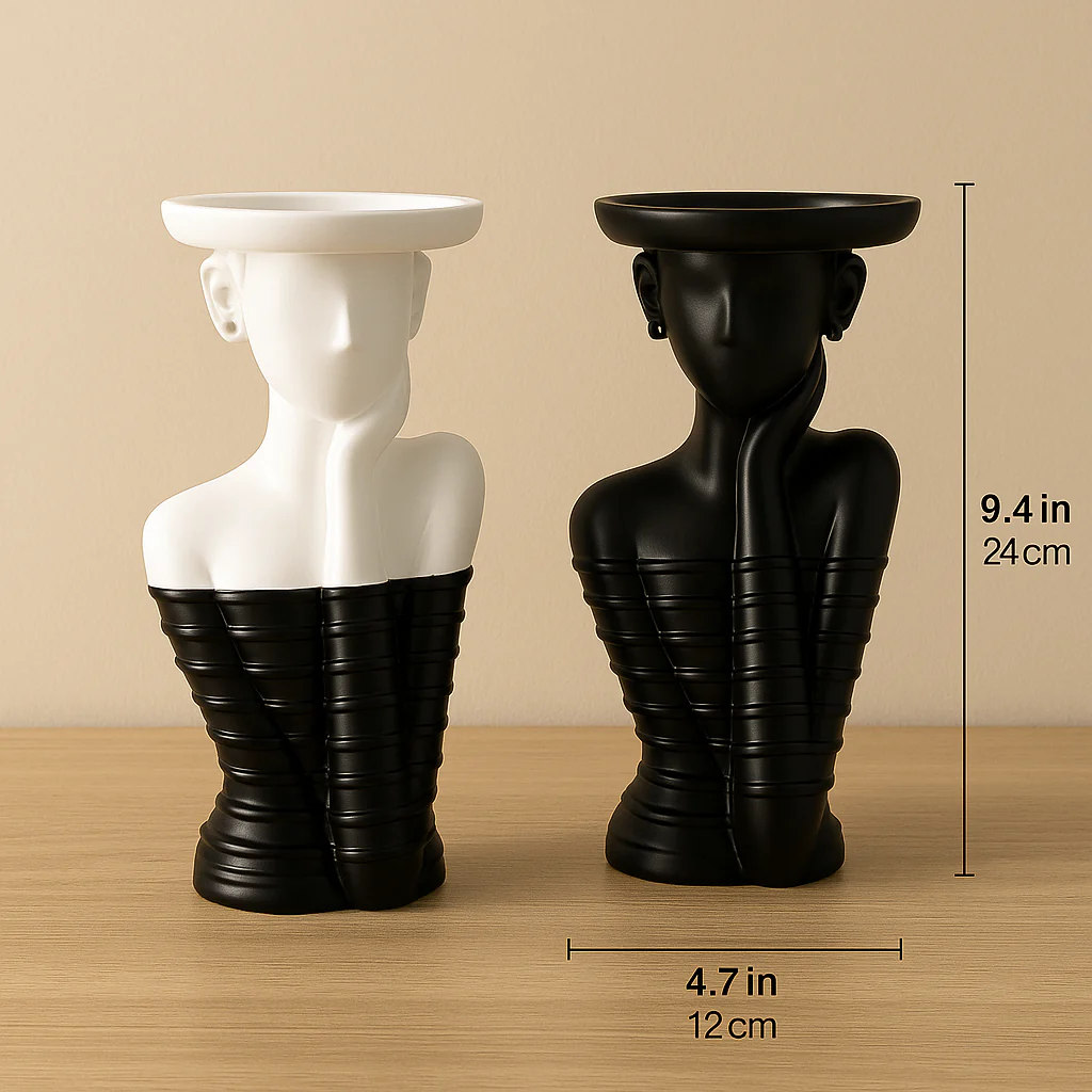 set of 2 Modern Abstract Bust Candle Holder Set – Black & White Sculptural Design, - Image 3