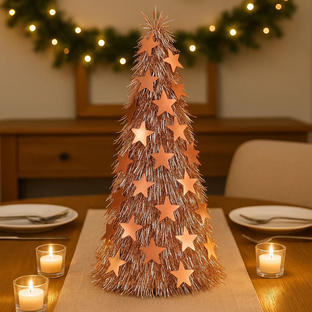 Set of 2 Rose-Gold Star Tinsel Christmas Cones – 55 cm Height, - Image 2