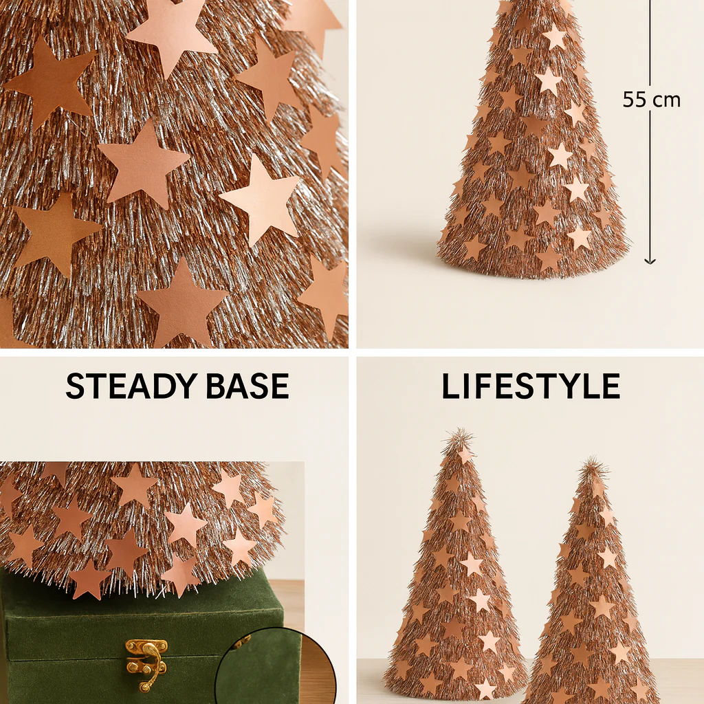 Set of 2 Rose-Gold Star Tinsel Christmas Cones – 55 cm Height, - Image 3