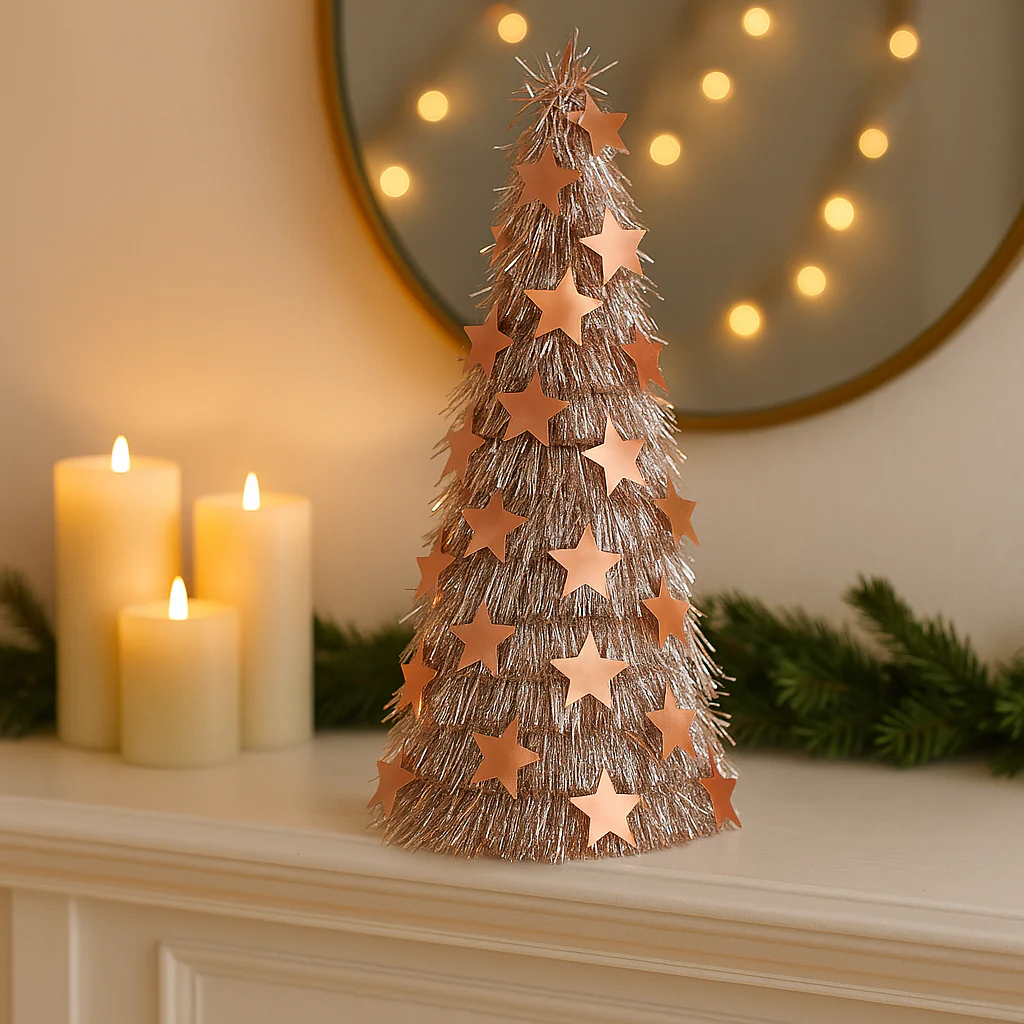 Set of 2 Rose-Gold Star Tinsel Christmas Cones – 55 cm Height, - Image 5