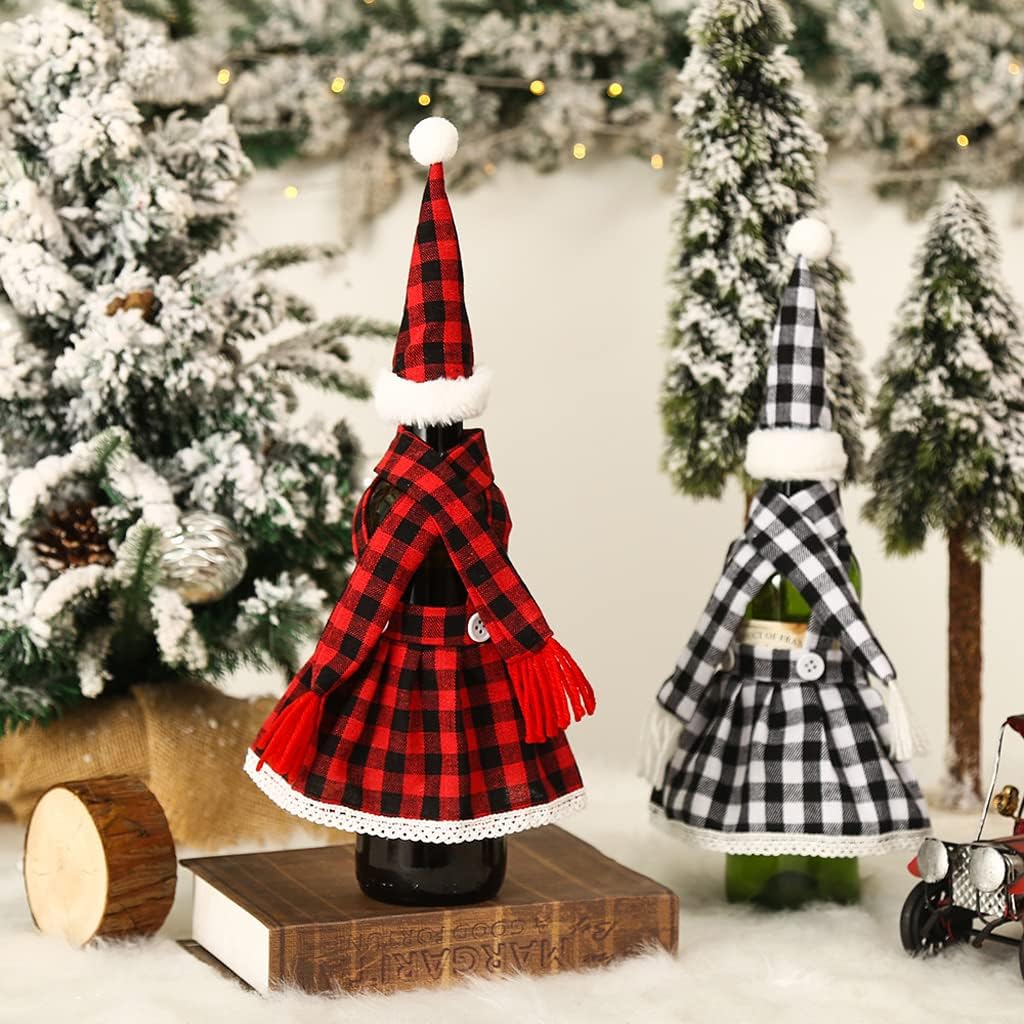 Set of 2 Wine  bottle cover  1Pcs Christmas Decorations Plaid Skirt Set Wine Set Beer Bottle Set Bar Table Atmosphere Black - Image 2