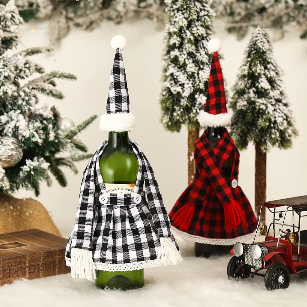 Set of 2 Wine  bottle cover  1Pcs Christmas Decorations Plaid Skirt Set Wine Set Beer Bottle Set Bar Table Atmosphere Black - Image 4