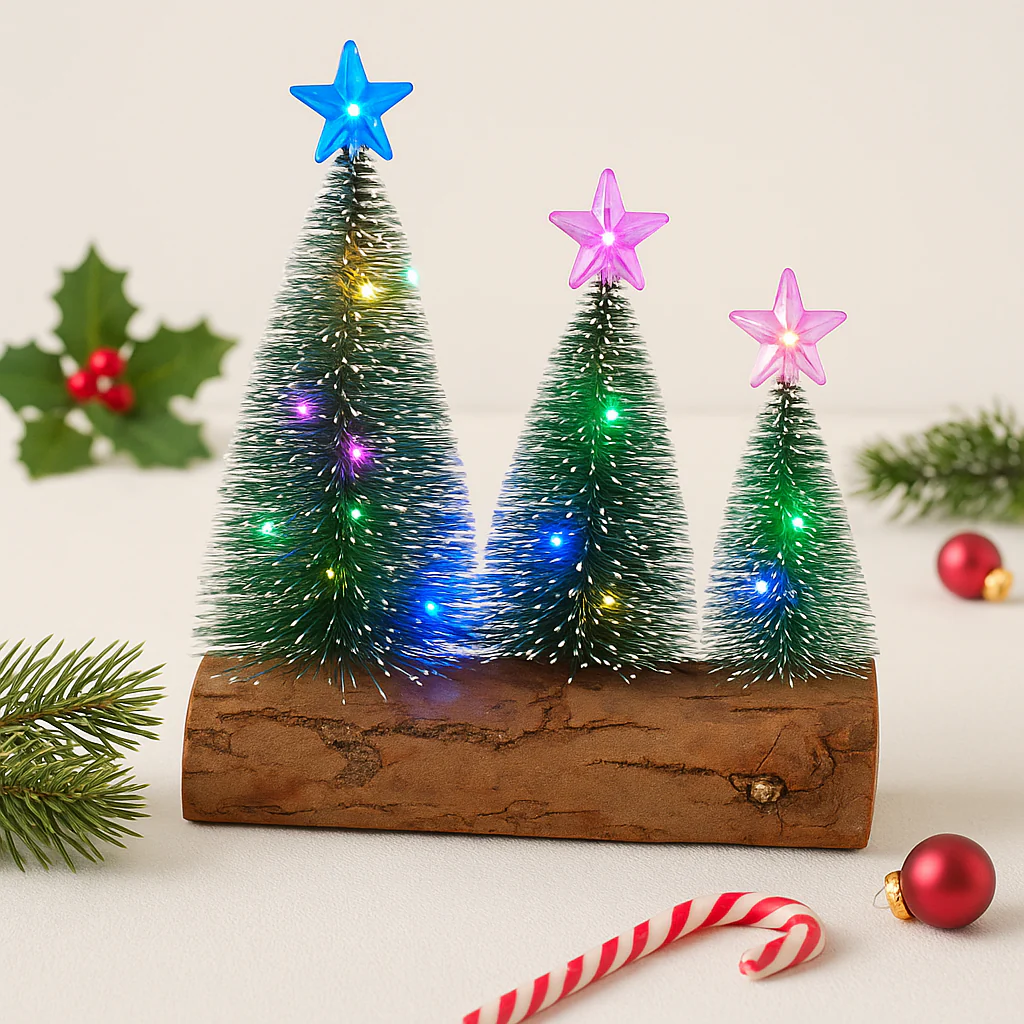 set of 3  Christmas LED Table Tree Set with Wooden Base