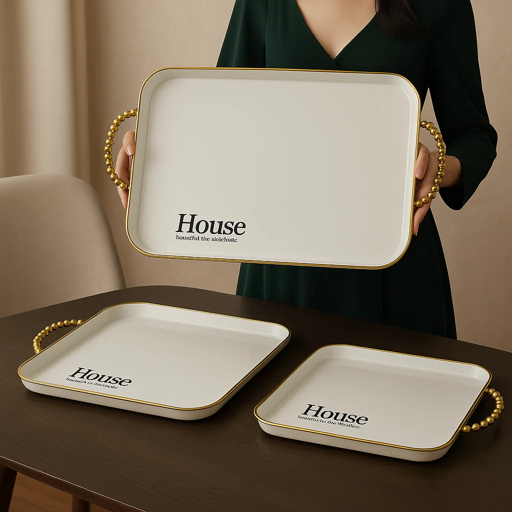 set of 3 off- White & Gold Rectangular Serving Tray - Image 3