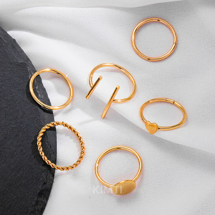 Set Of 6 Gold-Plated Contemporary Stackable Finger Rings - Image 2