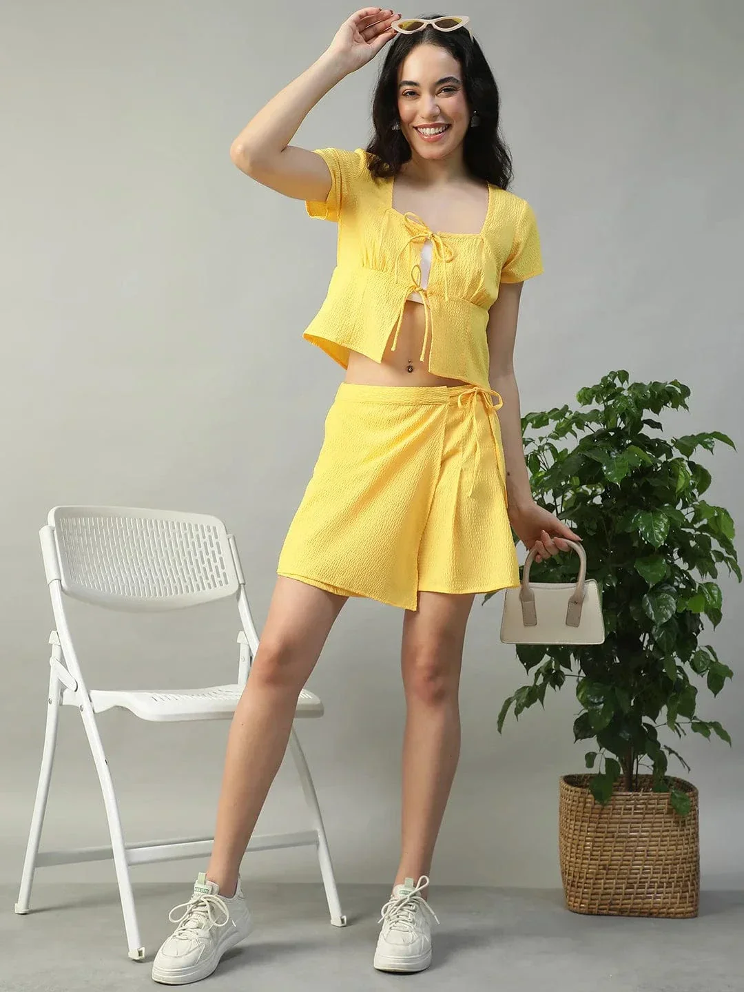 Shine Solid  Yellow Top & Flap Skort Seersucker Dobby Women Co-ord Set - Image 8