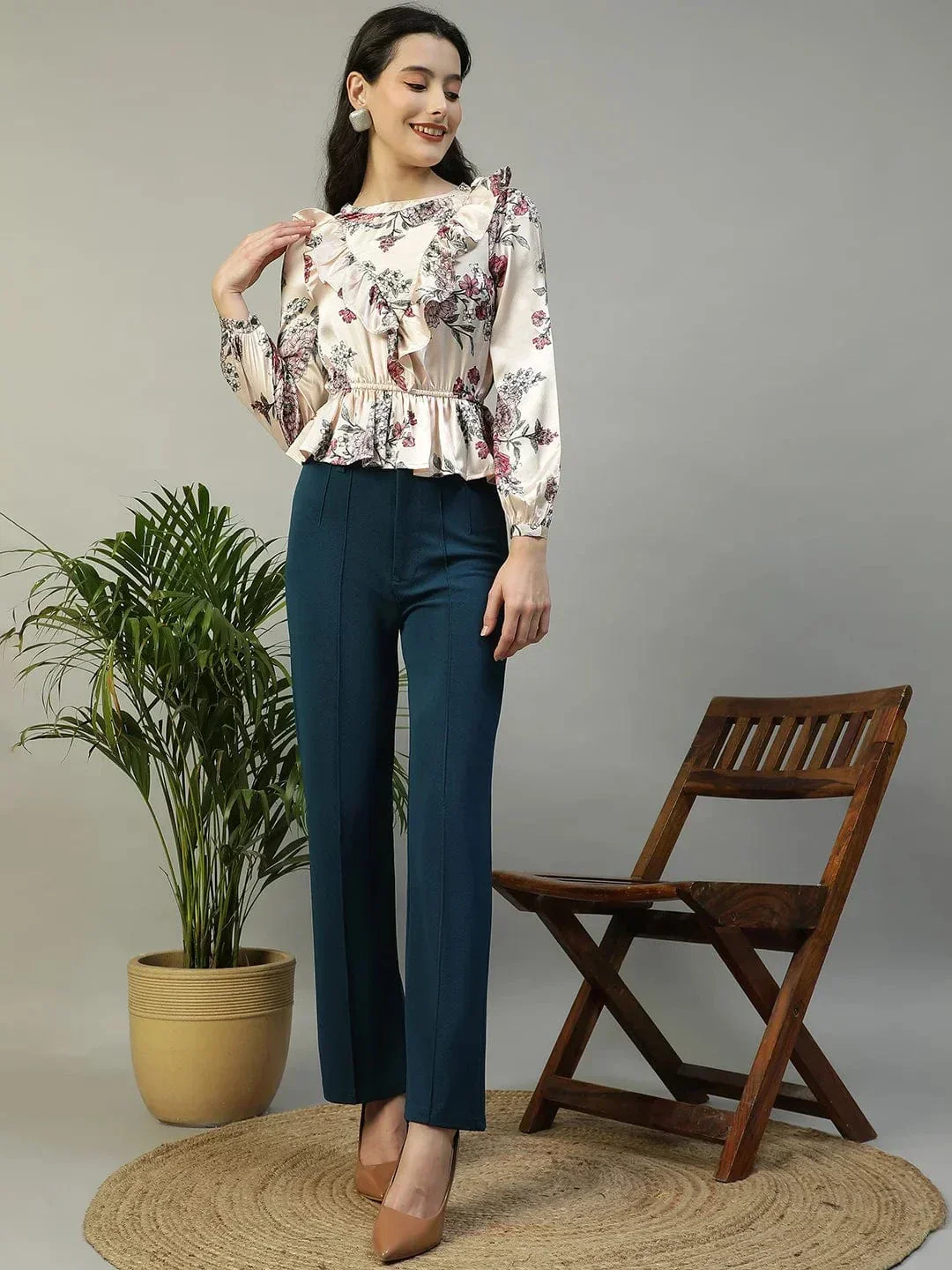 Shiney Pink Floral Print Long Sleeve Frill Detail Women Peplum Satin Top - Image 2