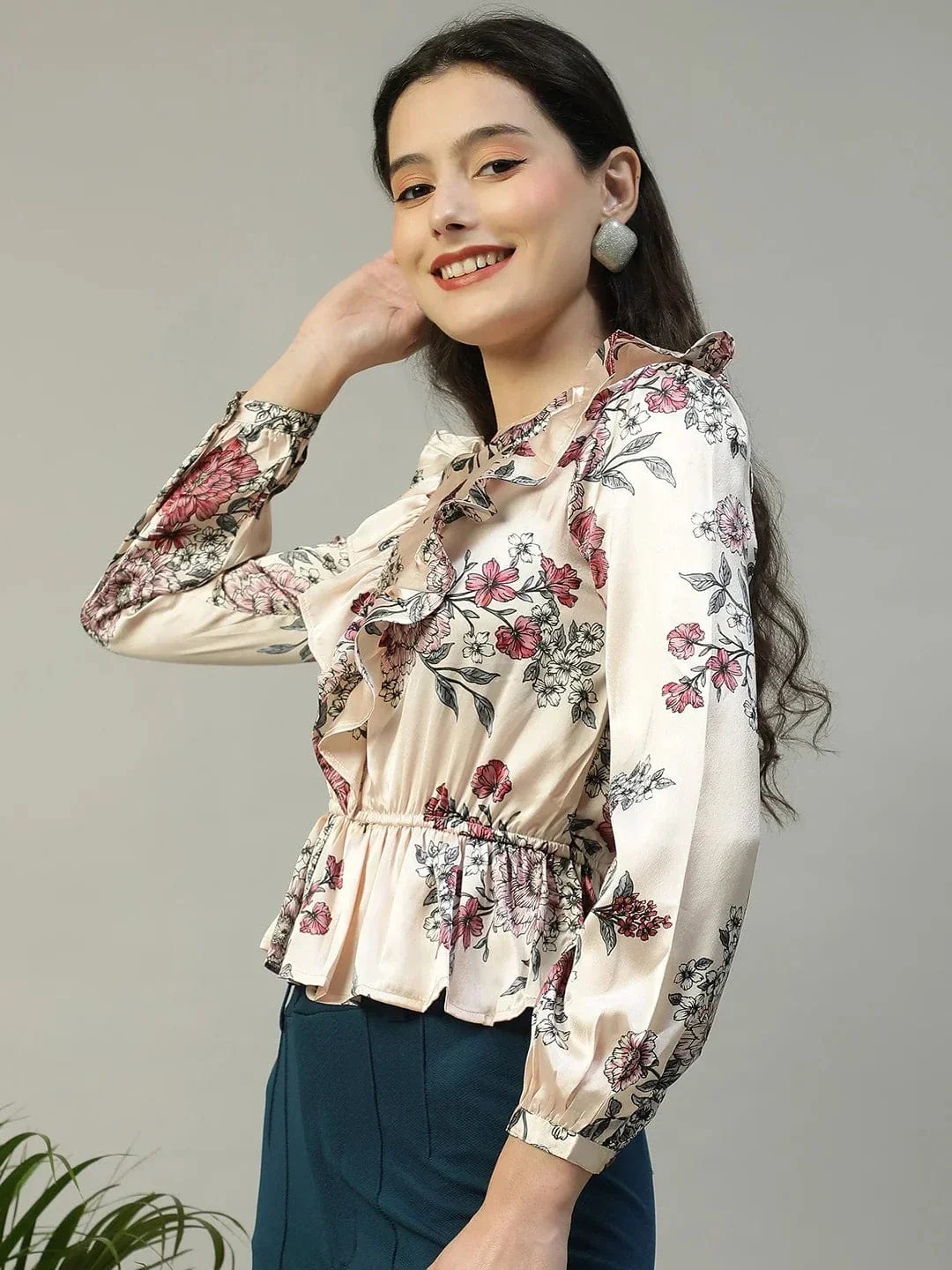 Shiney Pink Floral Print Long Sleeve Frill Detail Women Peplum Satin Top - Image 3