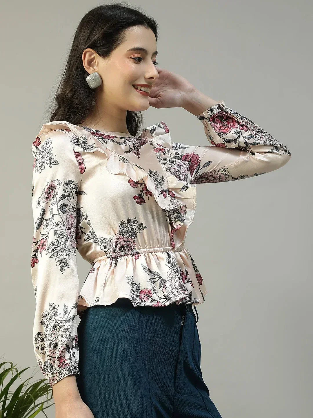 Shiney Pink Floral Print Long Sleeve Frill Detail Women Peplum Satin Top - Image 4