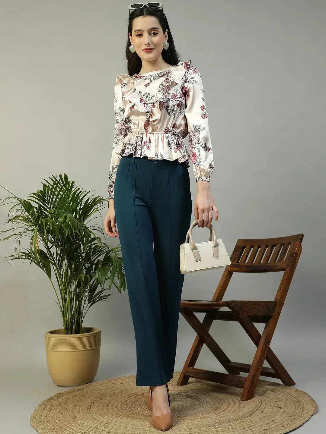Shiney Pink Floral Print Long Sleeve Frill Detail Women Peplum Satin Top - Image 8