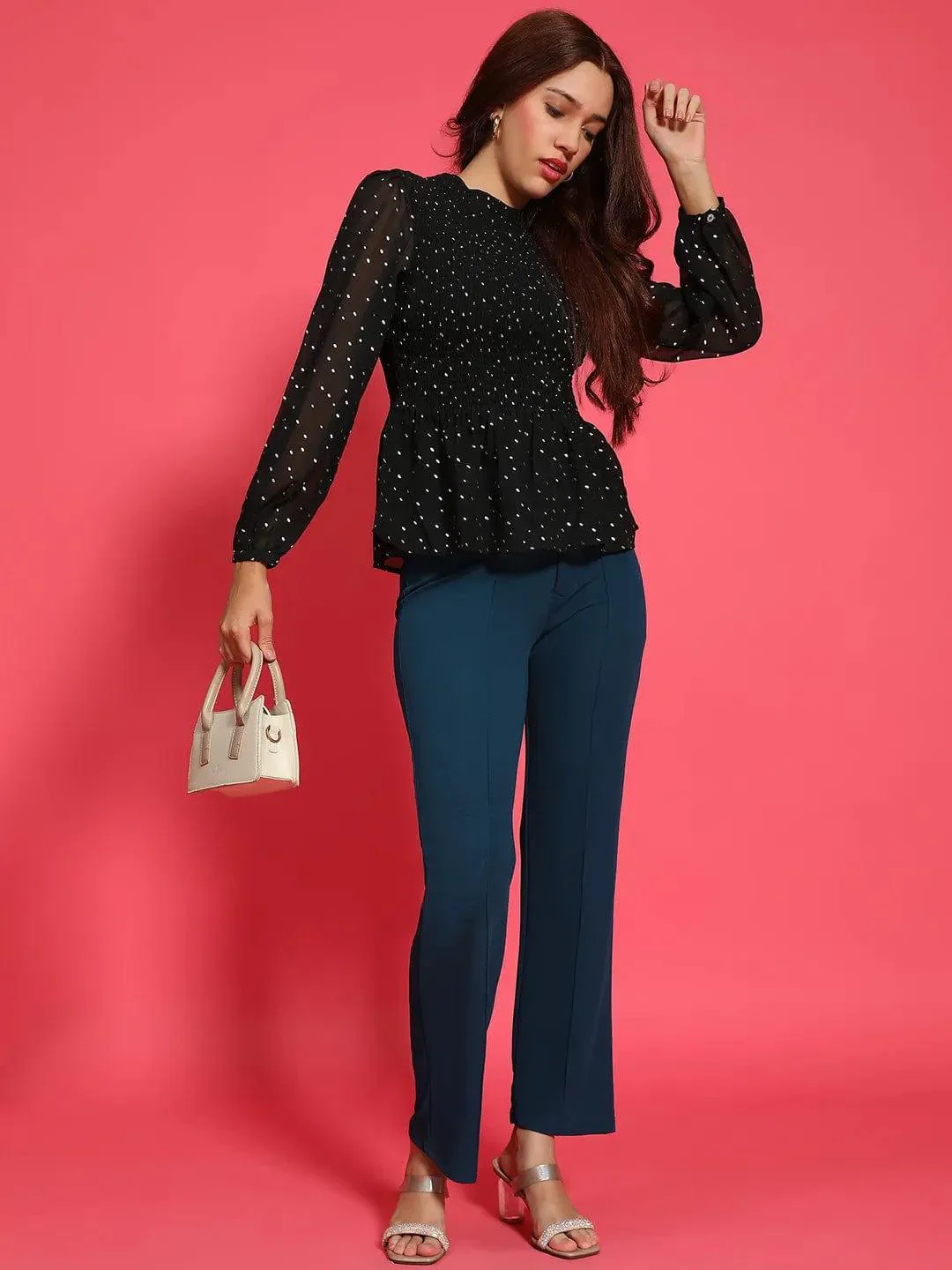 Shiny Black Long Sleeve Smocked  Women Peplum Top - Image 7
