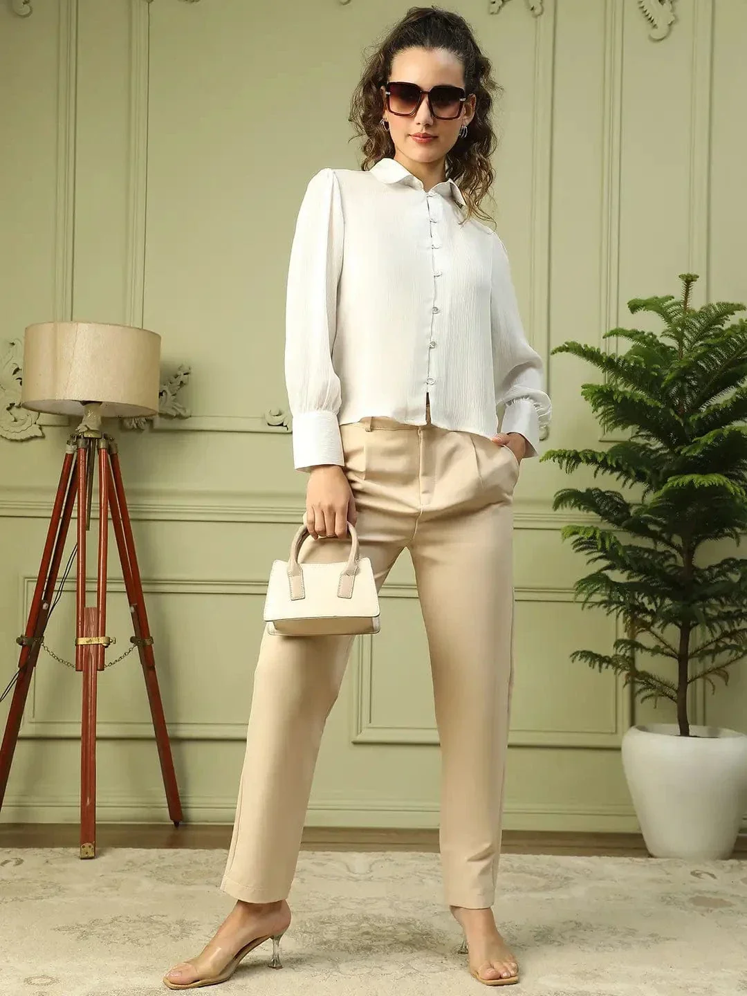Show Off  Solid White Collared Long Sleeve Button Down Women Satin Shirt - Image 7