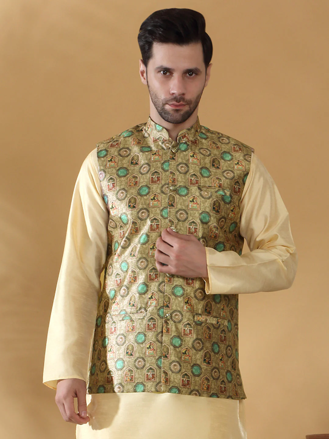 Silk Blend Abstract Printed Sleeveless Nehru Jacket - Image 12