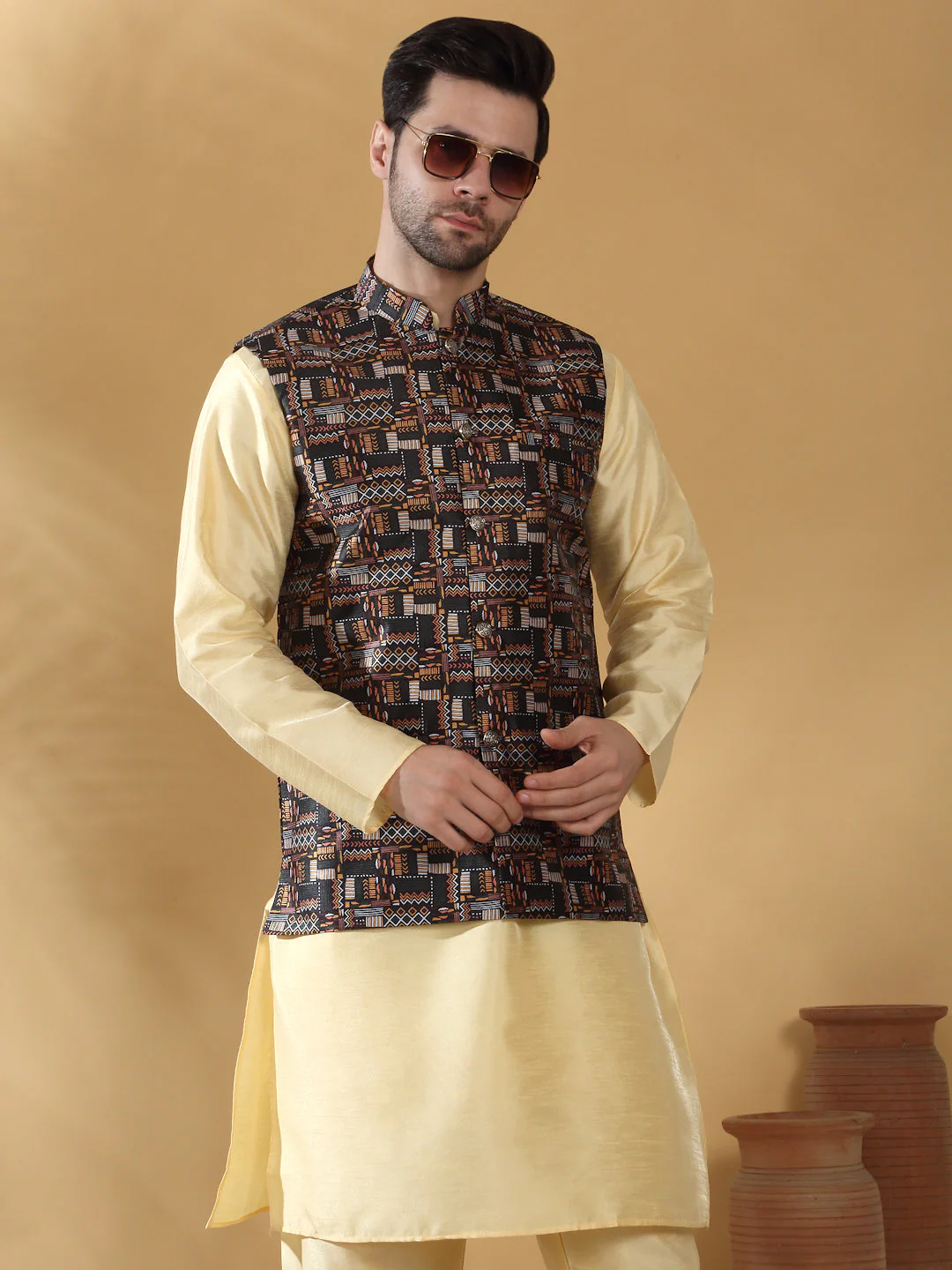 Silk Blend Abstract Printed Sleeveless Nehru Jacket - Image 5