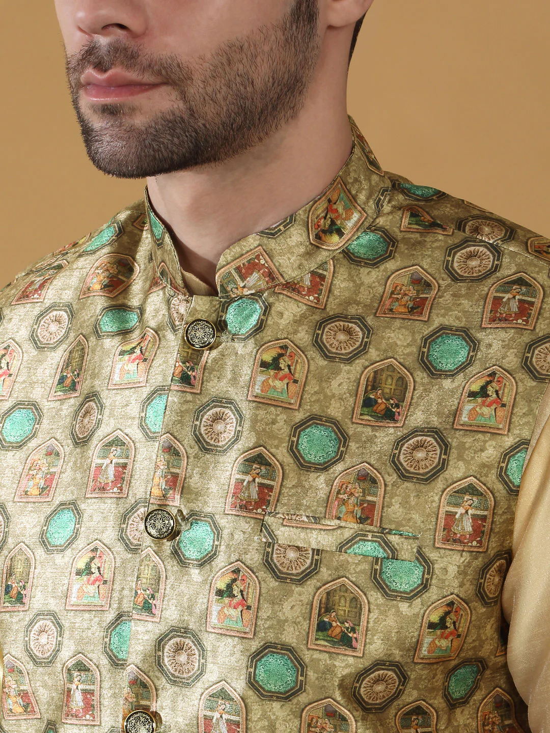 Silk Blend Abstract Printed Sleeveless Nehru Jacket - Image 8
