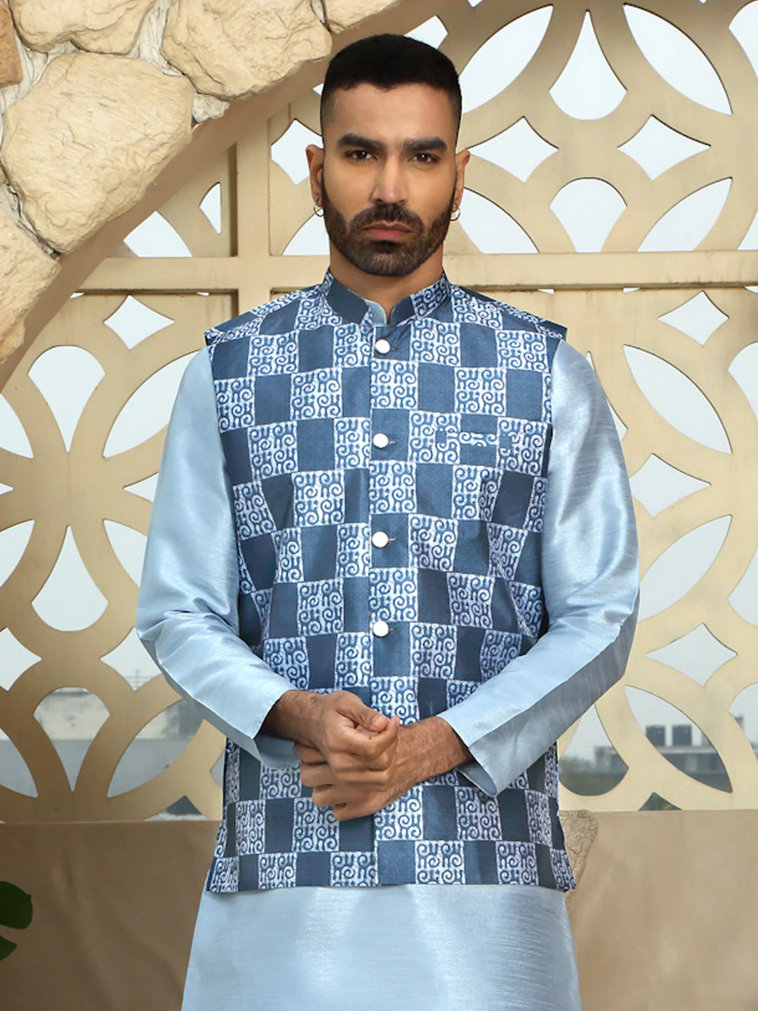Silk Blend Batik Print Sleeveless Nehru Jacket - Image 33