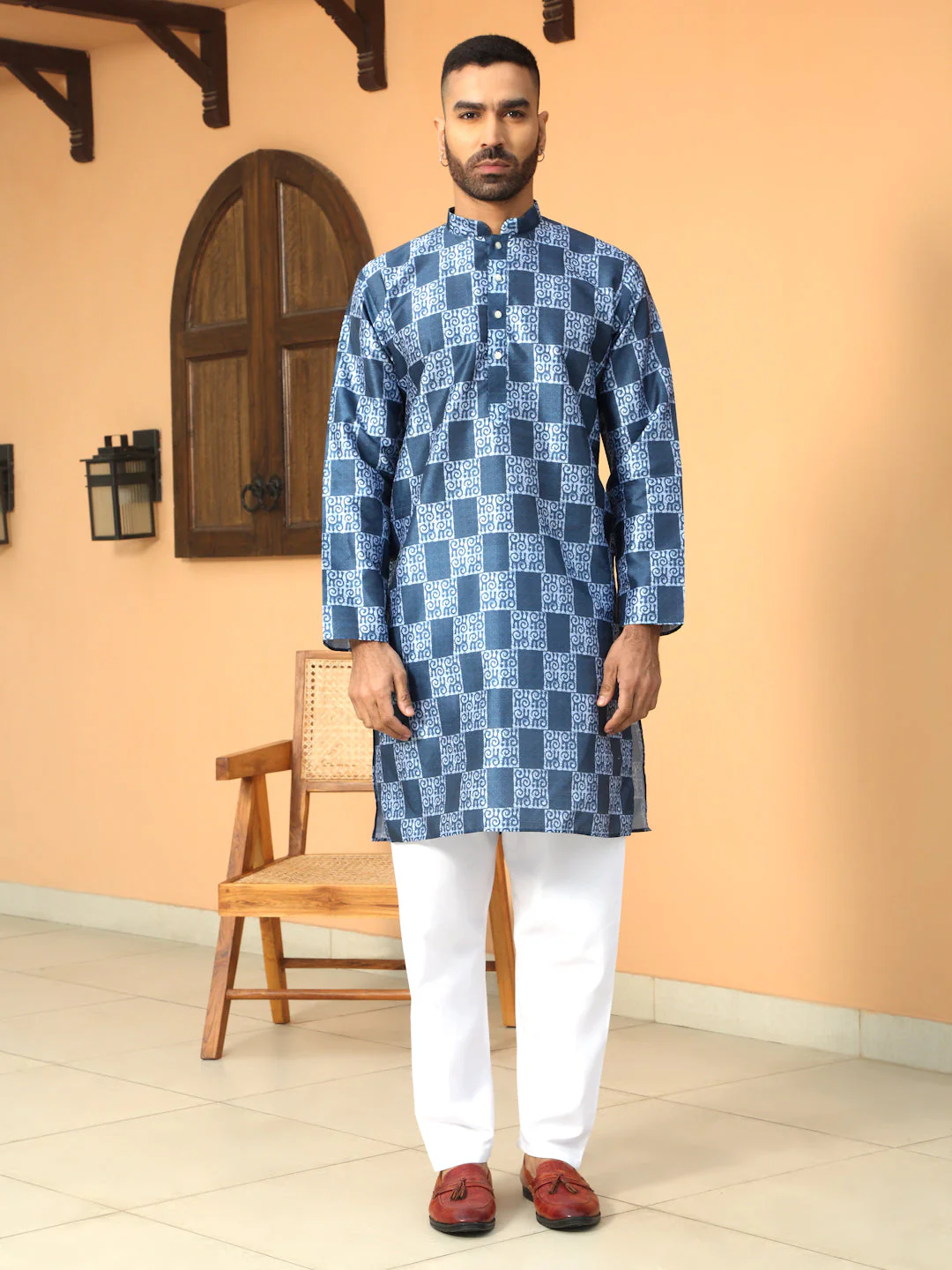 Silk Blend Batik Printed Kurta with white Elastic waistband Pyjama set - Image 6