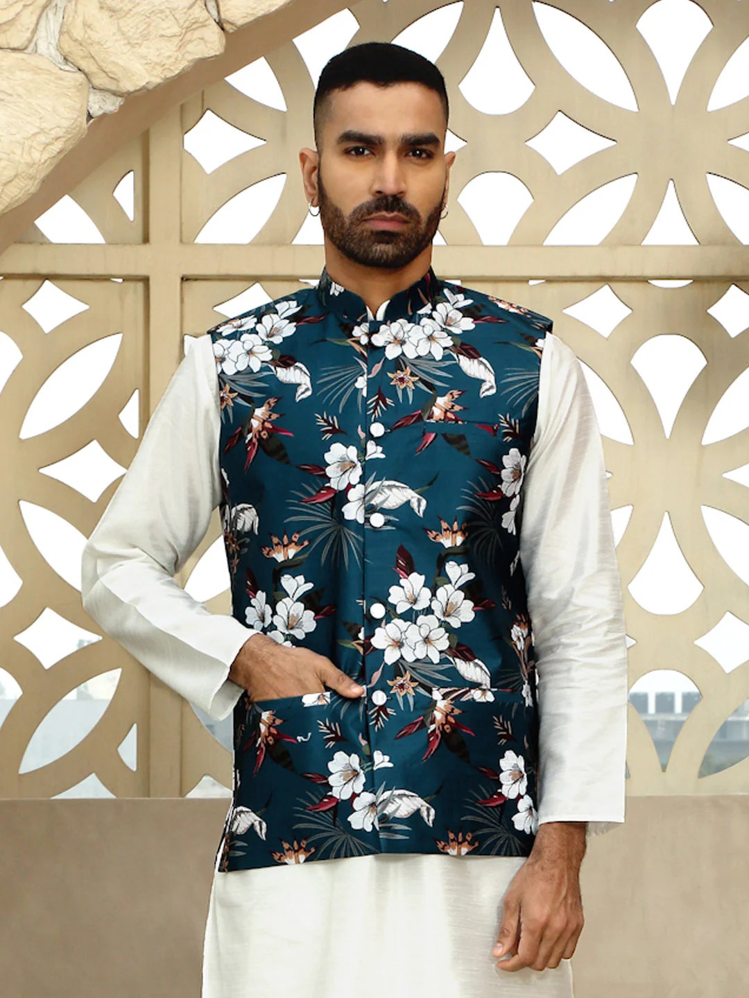 Silk Blend Floral Print Sleeveless Nehru Jacket - Image 21