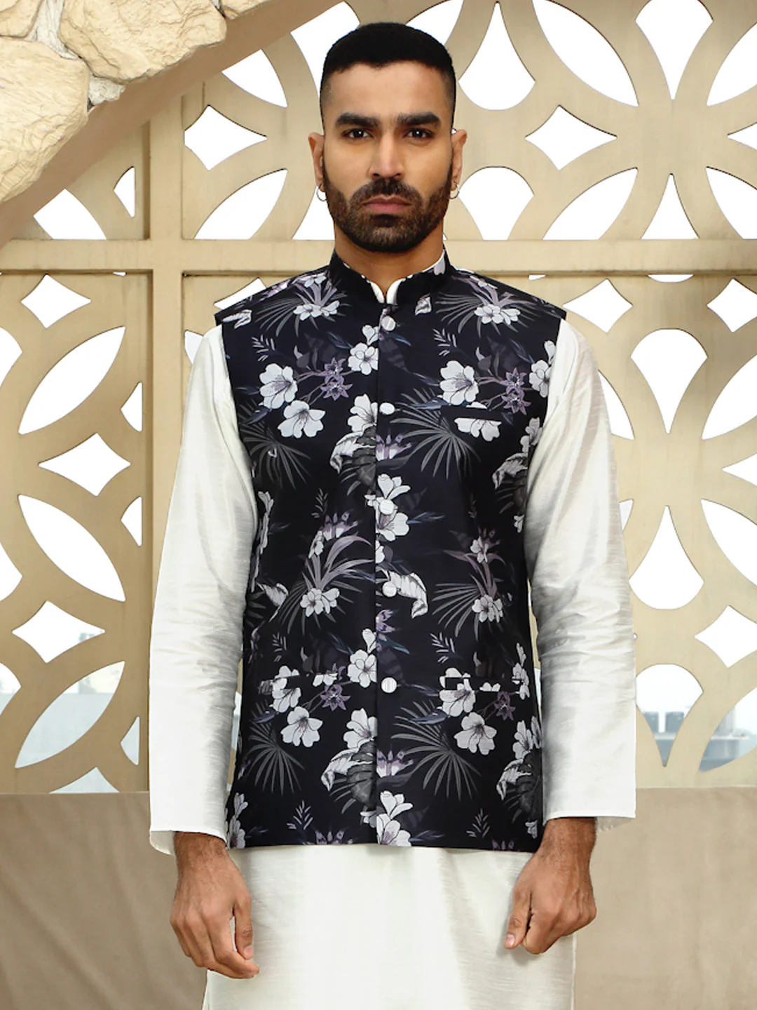 Silk Blend Floral Print Sleeveless Nehru Jacket - Image 26
