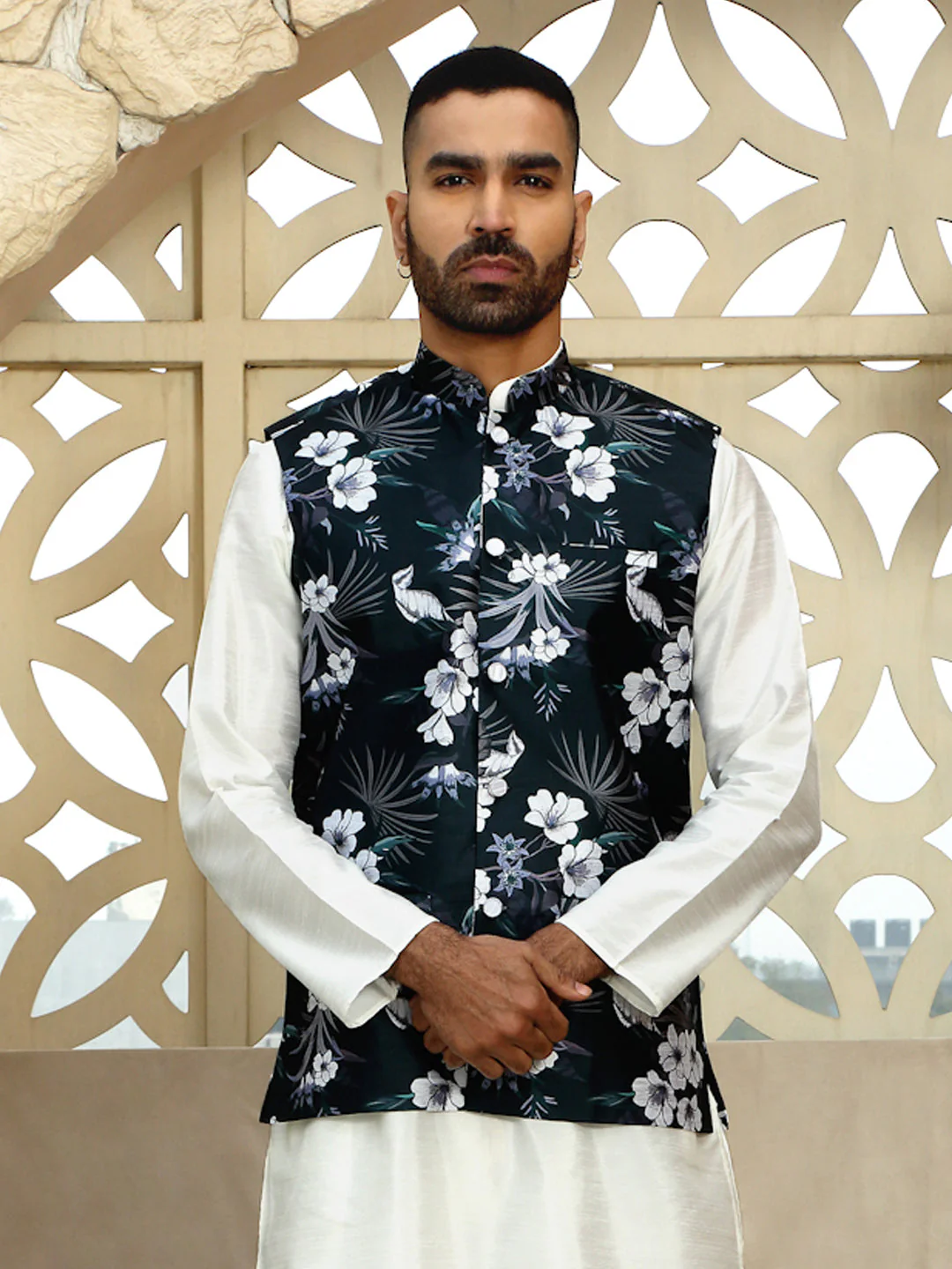 Silk Blend Floral Print Sleeveless Nehru Jacket - Image 40