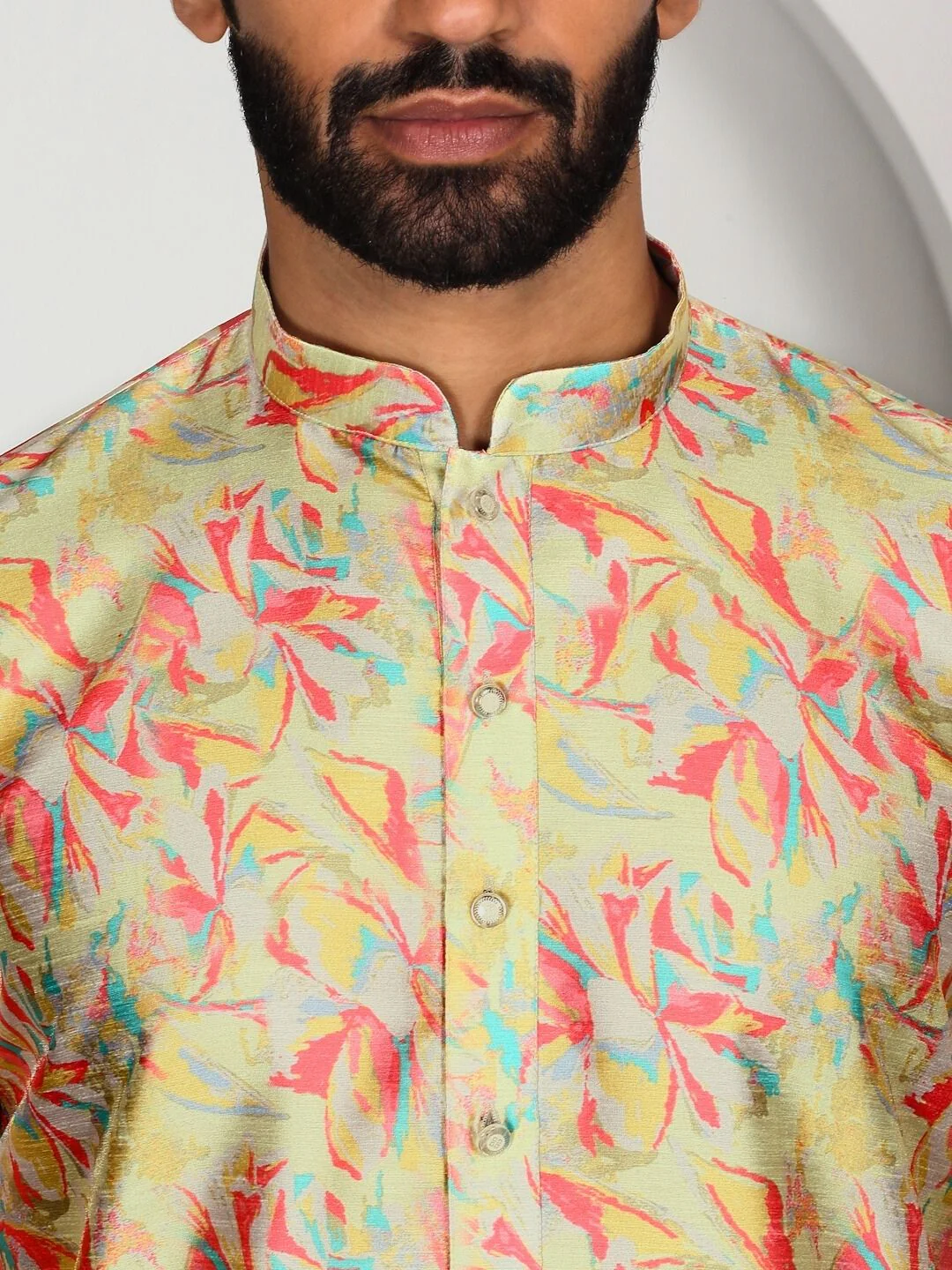 Silk Blend Floral Printed Kurta with white Elastic waistband Pyjama set - Image 15