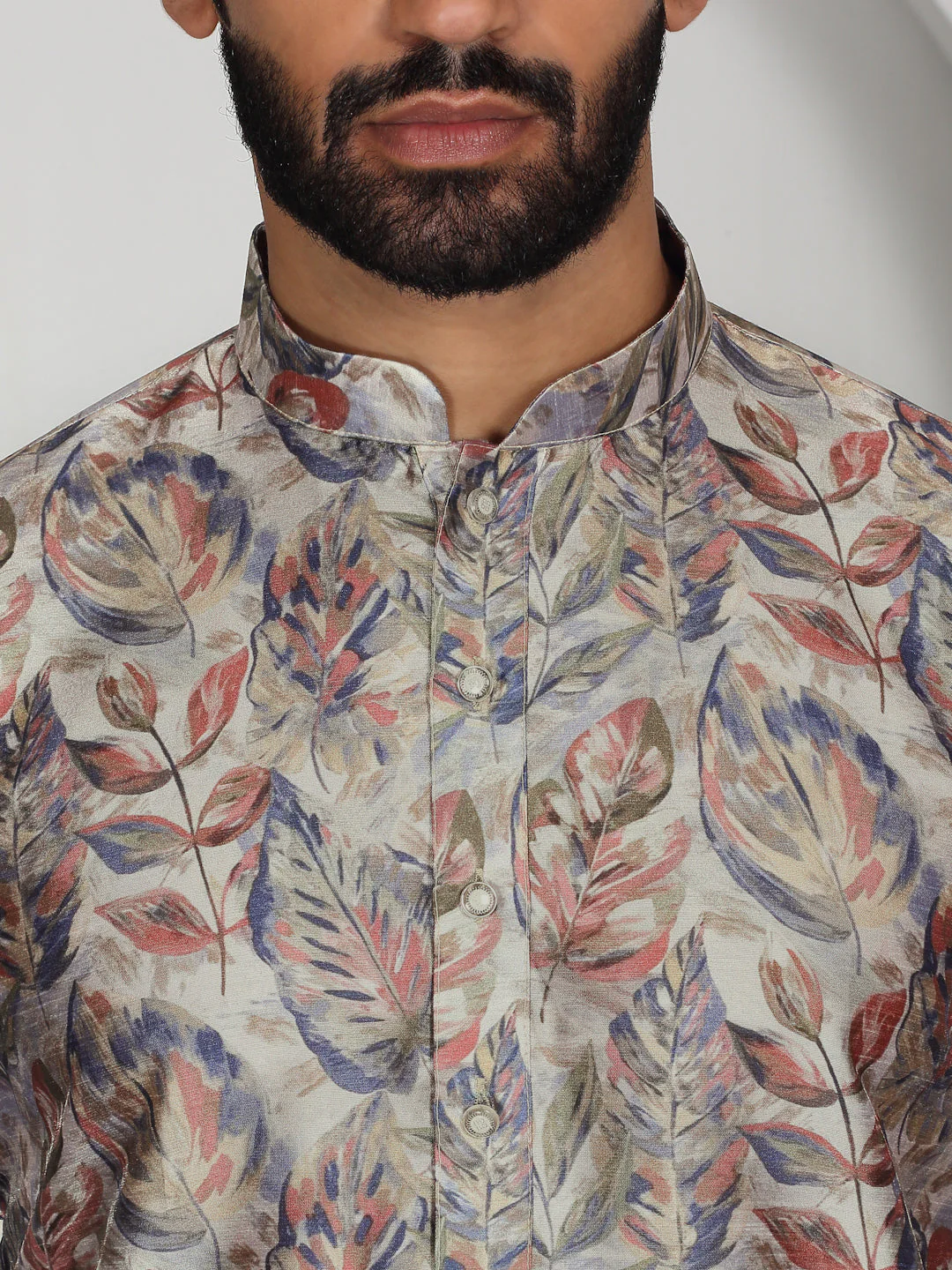 Silk Blend Floral Printed Kurta with white Elastic waistband Pyjama set - Image 9