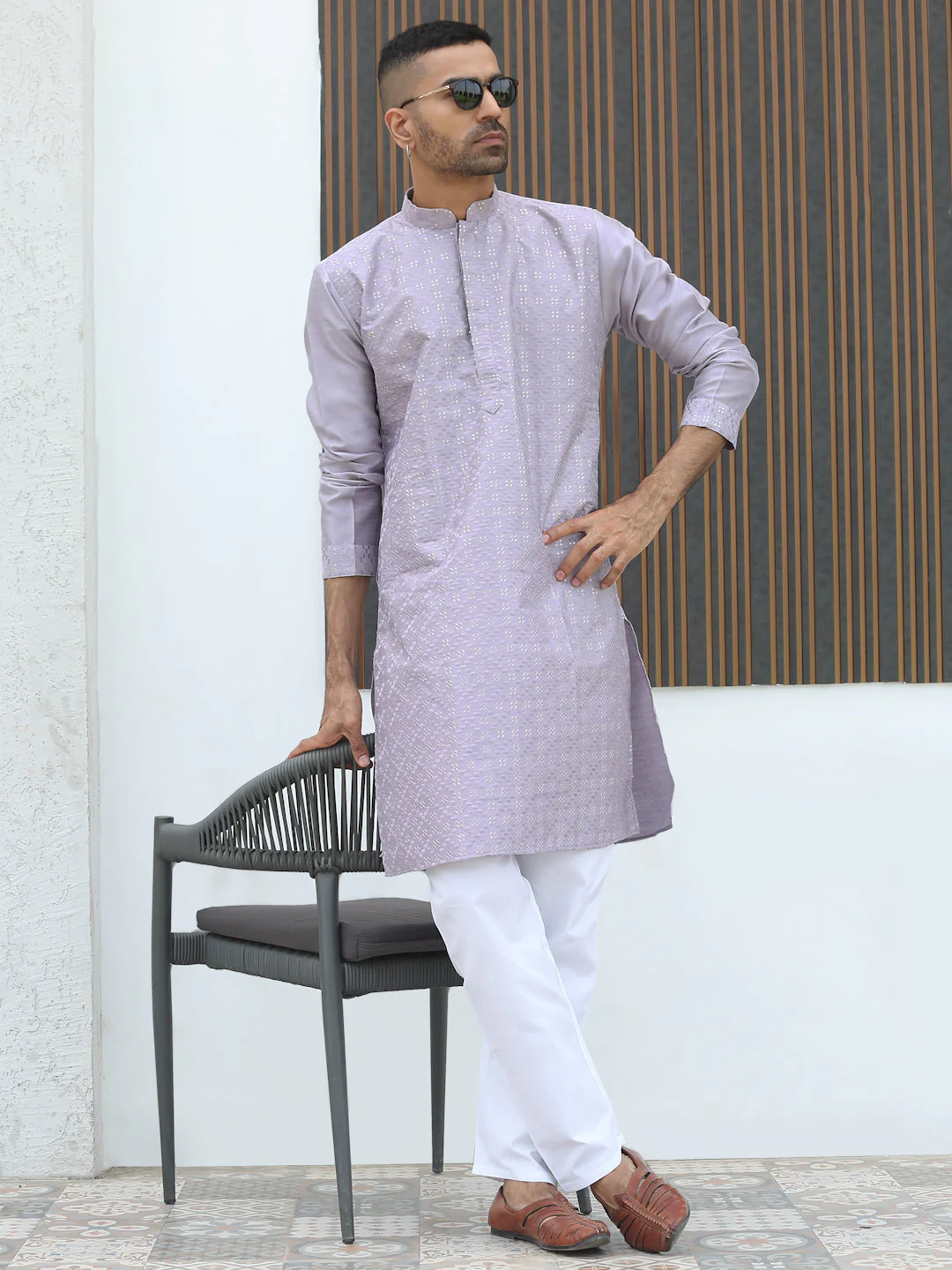 Silk Blend Geometric Embroidered Mandarin Collar Sequinned work Kurta - Image 14