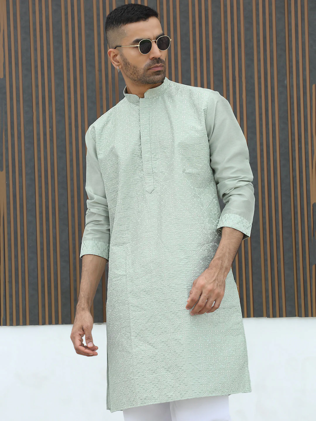Silk Blend Geometric Embroidered Mandarin Collar Sequinned work Kurta - Image 6
