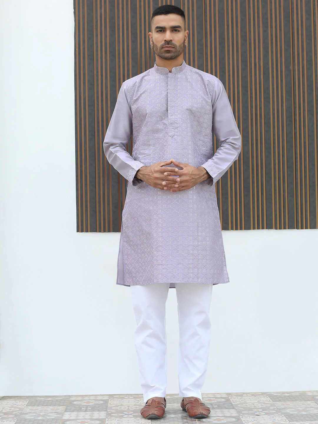 Silk Blend Geometric Embroidered Mandarin Collar Sequinned work Kurta with Elastic Waistband White Pyjama - Image 11