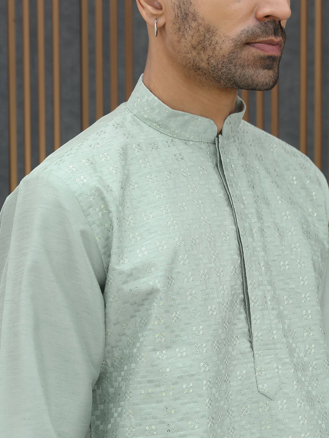 Silk Blend Geometric Embroidered Mandarin Collar Sequinned work Kurta with Elastic Waistband White Pyjama - Image 8