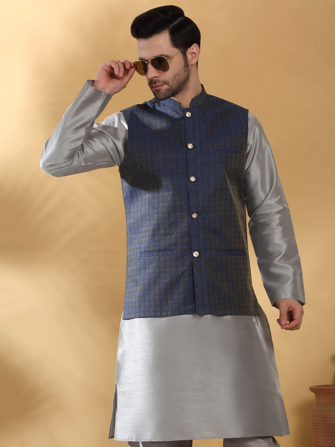 Silk Blend Jacquard Woven Geometric Sleeveless Nehru Jacket - Image 10