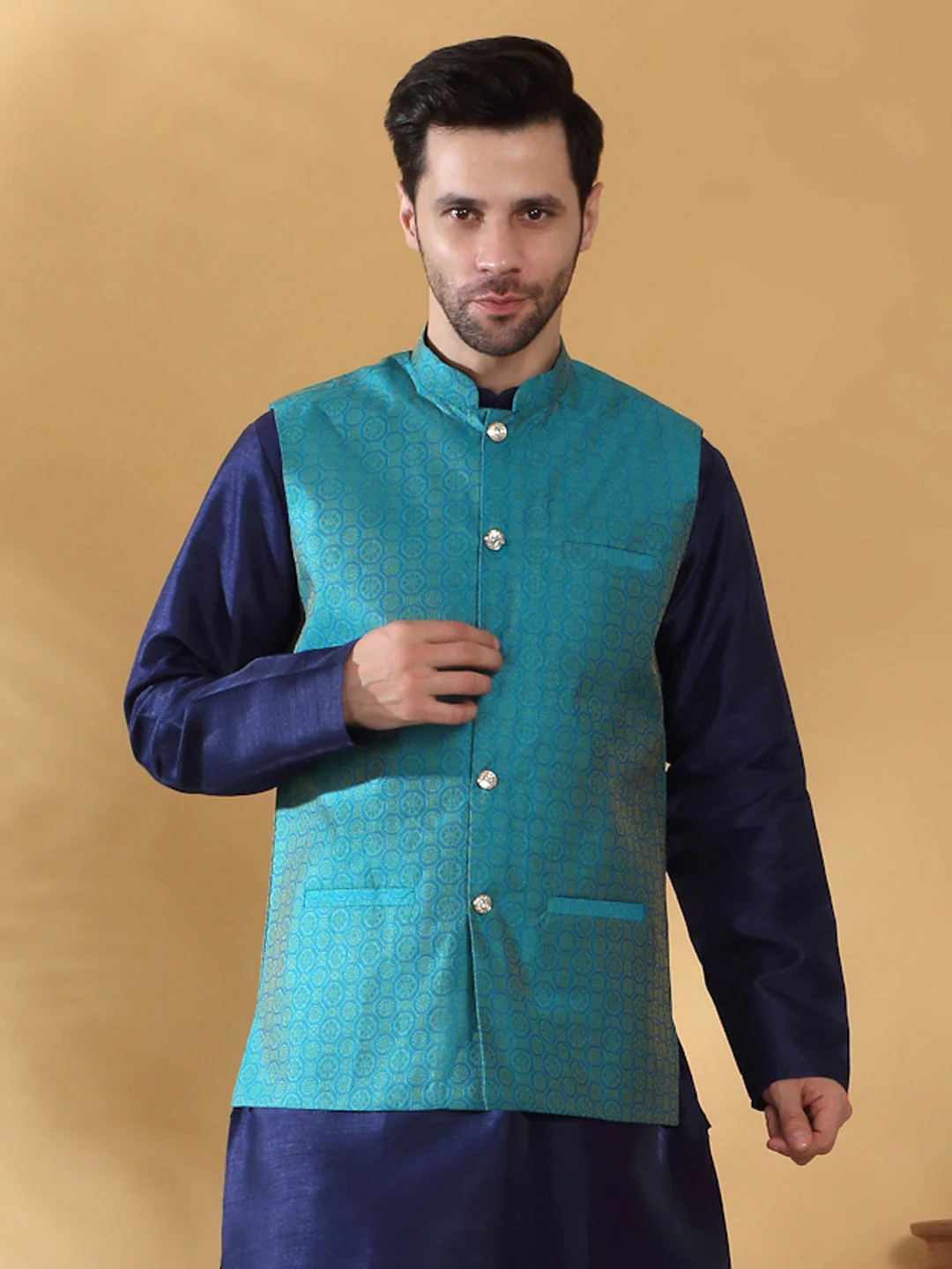Silk Blend Jacquard Woven Geometric Sleeveless Nehru Jacket - Image 108