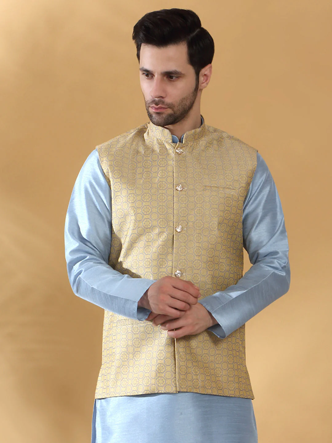 Silk Blend Jacquard Woven Geometric Sleeveless Nehru Jacket - Image 119