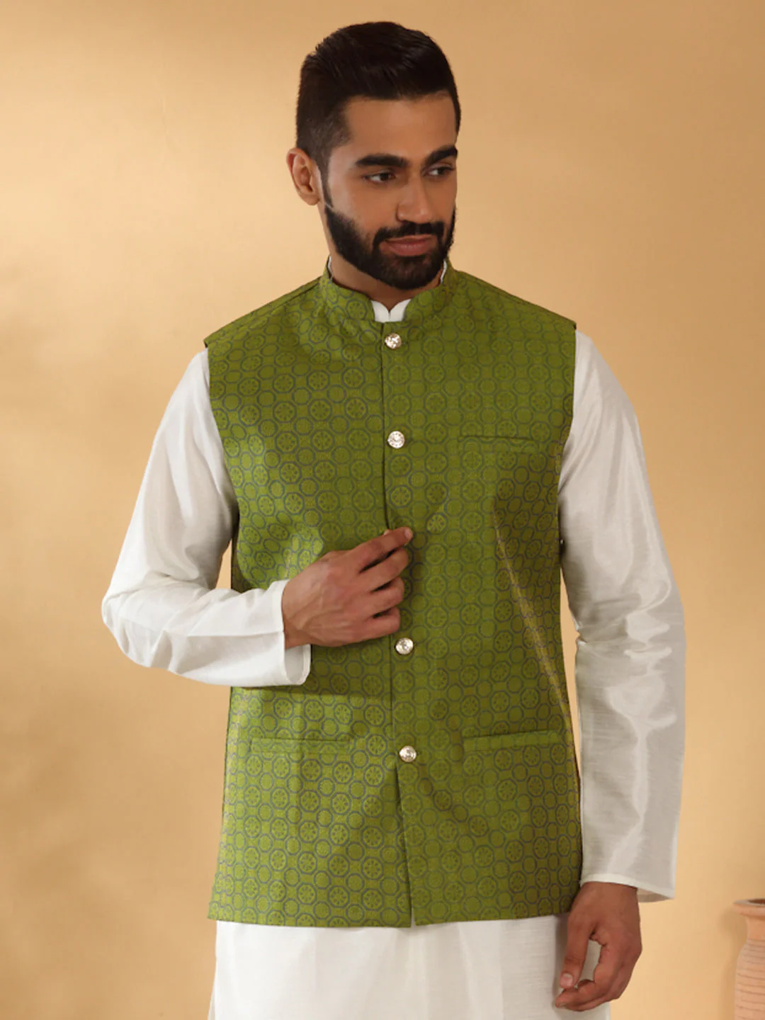 Silk Blend Jacquard Woven Geometric Sleeveless Nehru Jacket - Image 129