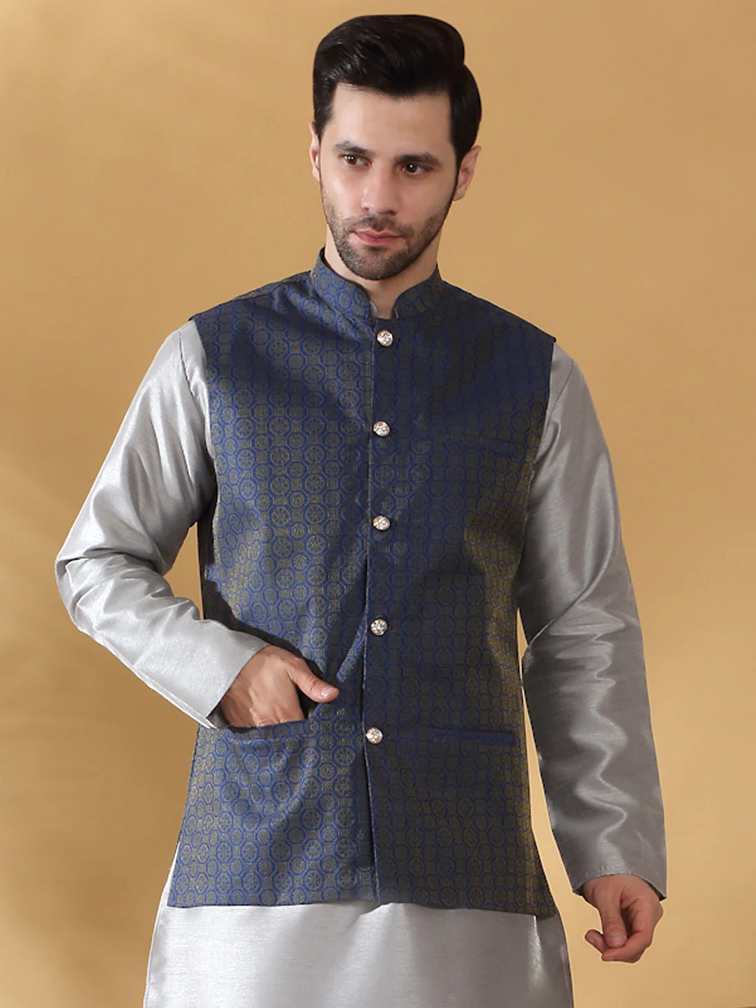 Silk Blend Jacquard Woven Geometric Sleeveless Nehru Jacket - Image 139