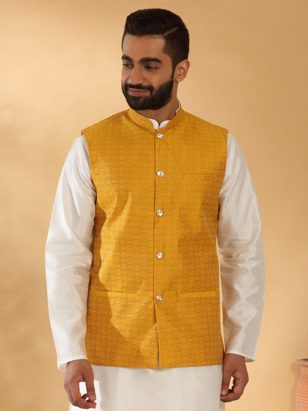 Silk Blend Jacquard Woven Geometric Sleeveless Nehru Jacket - Image 189