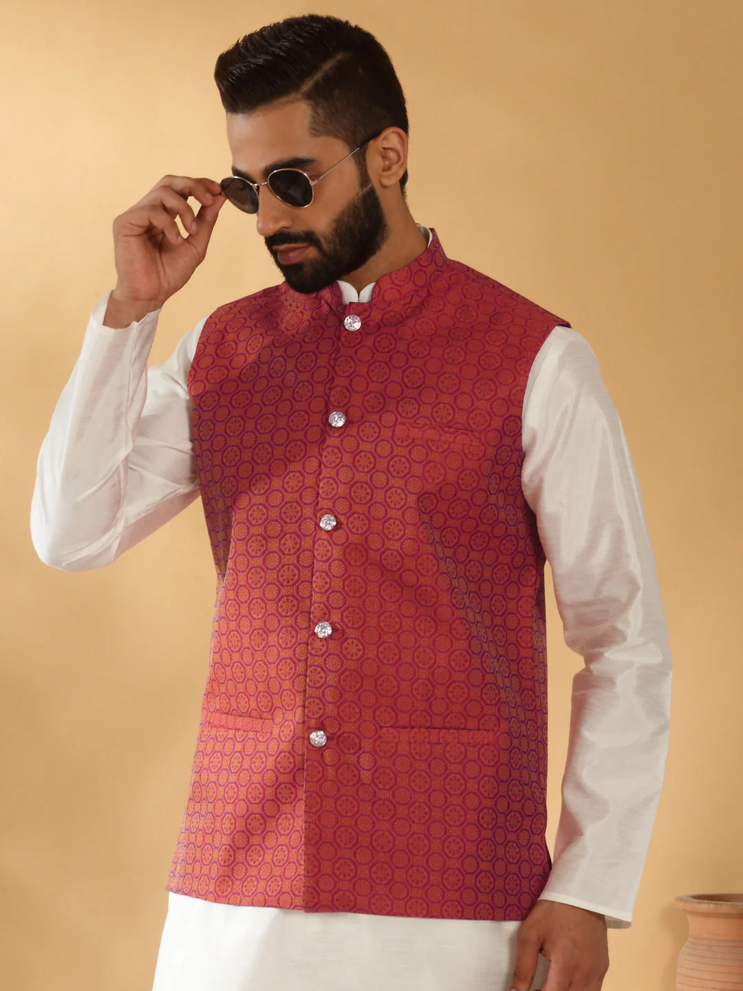 Silk Blend Jacquard Woven Geometric Sleeveless Nehru Jacket - Image 20